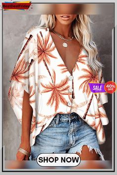 Palm Tree Print Batwing Sleeve Button Front Top P4690793270 Button Front Top, Palm Tree Print, Tree Print, Batwing Sleeve, Bat Wings, Palm Tree, Palm Trees, 4 Inch