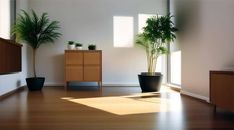 two potted plants sit in the middle of a room with sunlight coming through windows