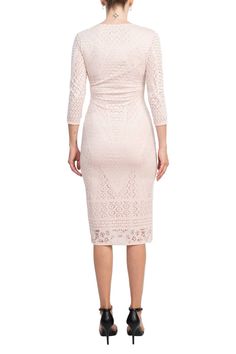 Final Sale Item Add an air of sophistication to your wardrobe with the Catherine Malandrino Scoop Neck 3/4 Sleeve Bodycon Burnout Dress. Crafted from a luxurious blend of fabric, this delicate dress features a flattering scoop neckline, 3/4 length sleeves, and an elegant bodycon design to give you a chic and polished look. Perfect for special occasions, you’ll be ready to make a statement in this timeless dress. Spring Elegant Stretch Lace Dress, Elegant Spring Stretch Lace Dress, Feminine 3/4 Sleeve Formal Dresses, Feminine Formal Dress With 3/4 Sleeves, Feminine Fitted Sheath Lace Dress, Elegant Spring Midi Dress With 3/4 Sleeves, Chic Fitted Bodycon Dress With 3/4 Sleeve, Feminine Fitted Midi Lace Dress, Spring Midi Dress Fitted