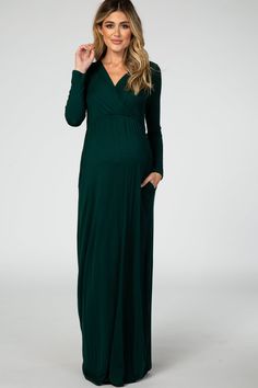 Green Long Sleeve Maternity Nursing Maxi Dress Maternity Long Sleeve Maxi Dress For Fall, Maternity Nursing Friendly V-neck Maxi Dress, Nursing Friendly V-neck Maternity Maxi Dress, Long Sleeve Maternity Maxi Dress For Fall, Maternity Maxi Dress With Long Sleeves For Fall, Solid V-neck Maternity Dress, Nursing Friendly Maxi Maternity Dress, Elegant Green Maternity Maxi Dress, Fall Maternity Maxi Dress