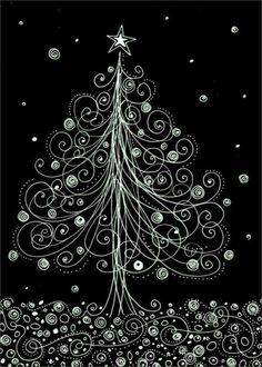 a white christmas tree with swirls and stars on it in the dark night sky