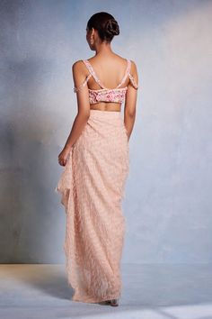 Blush rose pink padded blouse featuring floral thread and sequin hand embroidery with embroidered drop shoulder. Paired with a draped dhoti. - Aza Fashions Dhoti Women, Dhoti For Women, Hand Embroidered Blouse, Pink Thread, Padded Blouse, Blush Rose, Blush Roses, Embroidered Blouse, Rose Pink