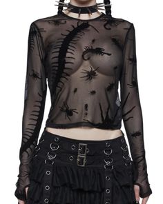 will have you creepin' by moonlight. This cropped top has a stretchy sheer mesh construction, flocked velvet bug detailing, and long sleeves with thumbhole cuffs. Black Mesh Top, Costume Store, Cropped Top, Dolls Kill, Exclusive Collection, Flocking, Mesh Top, Bugs, Velvet