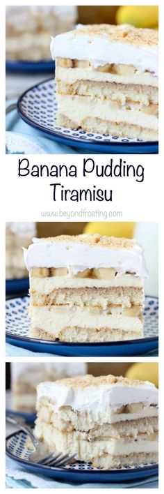 banana pudding cake on a blue plate with the title above it in three different views