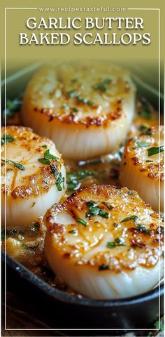 garlic butter baked scallops in a skillet