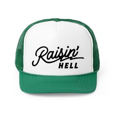 Introducing the Raisin' Hell Trucker Hat, the perfect accessory for country concert goers. With a vintage snapback cap design, this hat adds a cool retro touch to any streetwear look. Embrace your inner western style with this versatile and stylish accessory. Summer Rodeo Trucker Hat With Flat Brim, Spring Rodeo Flat Brim Trucker Hat, Summer Rodeo Truck Hat With Flat Brim, Summer Casual Baseball Cap For Rodeo, Casual Baseball Cap For Summer Rodeo, Casual Summer Baseball Cap For Rodeo, Casual Flat Brim Baseball Cap For Rodeo, Summer Rodeo Trucker Hat With Short Brim, Spring Trucker Hat With Curved Brim