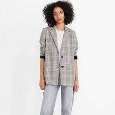 With Its Slouchy Fit And Oversized Patch Pockets, Our Best-Selling Blazer Has A Low-Key '70s Vibe We Love. Made Of Italian Fabric In A Fresh Plaid, It's A Jacket That Instantly Upgrades Your Look. Slightly Oversized Fit, Size Down For A More Fitted Look. Poly/Viscose/Elastane. Dry Clean. Color Is Glen Plaid Pearl Ivory Yellow Notch Lapel Blazer For Fall, Relaxed Fit Blazer For Fall Daywear, Trendy Relaxed Fit Blazer, Relaxed Fit Fall Daywear Blazer, Casual Fall Blazer For Daywear, Casual Fall Daywear Blazer, Trendy Yellow Blazer For Fall, Casual Yellow Blazer For Work, Yellow Fall Blazer