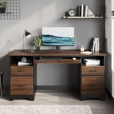 a desk with a computer on it in front of a wall mounted shelf filled with books and plants