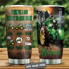 two personalized tumblers with tractors on the front and back, one is for john deere