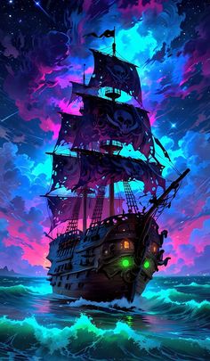 a pirate ship floating on top of the ocean under a purple sky filled with stars