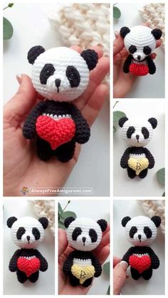 crocheted panda bear with heart in hand