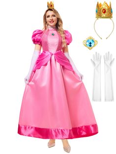 a barbie doll wearing a pink dress and tiara with gloves on it's head