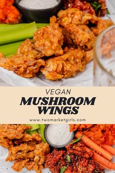 vegan mushroom wings with carrots, celery and ranch dressing on the side