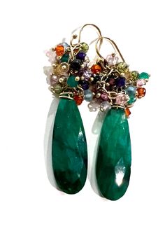 "A faceted rare semi precious Adventurine gemstone drop adorned with mini semi precious stones, dangles from 14k gold fill earwire. A long green adventurine drop adorned with semi Precious stones, dangling from 14k gold fill earwire. 2\" adventurine length, $88 3\" green onyx $160 hypoallergenic, stunning! Match with the long emerald edition necklace in my shop! (similar pieces can be made to order by contacting oohjacquelina@gmail.com with your inquiry, such as if you want them to be all one co Handmade Green Briolette Earrings, Green Gemstone Bead Drop Earrings, Green Teardrop Faceted Beads Jewelry, Green Long Drop Jewelry With Dangling Beads, Green Teardrop Earrings With Faceted Beads, Elegant Green Gemstone Beaded Earrings, Festival Earrings, Triangle Necklace, Hypoallergenic Jewelry