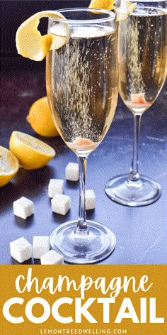 champagne cocktail with lemons and marshmallows in the background text reads champagne cocktail