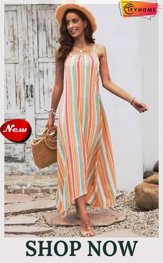 Bohemian Striped Print Sleeveless Holiday Maxi Dress Casual Sleeveless Flowy Beach Dress, Sleeveless Multicolor Maxi Dress For Beach Season, Orange Sleeveless Maxi Dress For Vacation, Bohemian Halter Neck Sleeveless Dress For Day Out, Multicolor Sleeveless Maxi Dress For Beach, Casual Striped Sleeveless Maxi Dress, Multicolor Sleeveless Maxi Dress For The Beach, Orange Sleeveless Beach Dress For Summer, Orange Sleeveless Dress For Beach Vacation