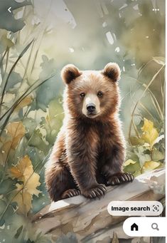 a painting of a brown bear sitting on top of a tree branch in the woods