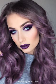 Purple Witch Eye Makeup, Blue Eyes Purple Makeup, Eyeshadow For Blue Eyes Brown Hair, Purple Glam Eye Makeup, Purple Cat Eye Makeup, Urban Decay Ultraviolet Looks, Colorful Smokey Eye Makeup, Sheesh Patti Hairstyles, Smokey Eye Makeup Blue Eyes