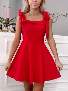 Girls Who Twirl Red Dress | Sassy Shortcake Hoco Dress Loose, Cotton Mini Dresses With Bow Straps, Cotton Mini Dress With Bow Straps, Red Summer Dress With Bow Tie Back, Red Summer Dress With Bow, Red Hoco Dress, Sassy Shortcake, Patriotic Dresses, Tie Ribbon