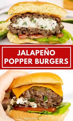 a close up of a burger with cheese and lettuce on it in two photos