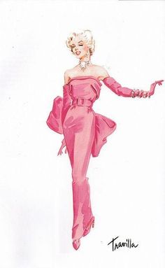 a drawing of a woman in a pink dress