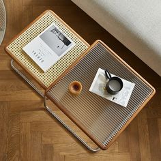 a coffee table with a magazine rack on it