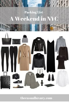 a travel guide for new york city with the words packing list a weekend in nyc