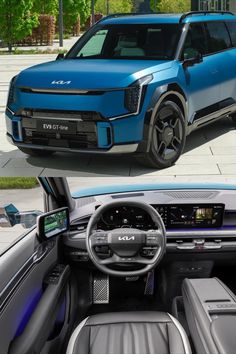 the inside and outside view of a blue suv