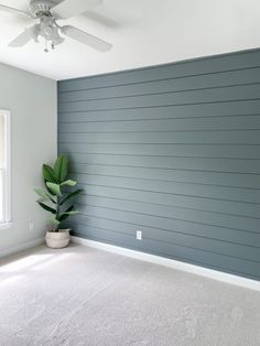 an empty room with a ceiling fan and gray wall paneling in the corner, along with a white carpet