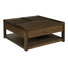 a wooden coffee table with two drawers on one side and an open drawer on the other