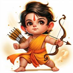 a little boy dressed in an orange outfit holding a bow and arrow