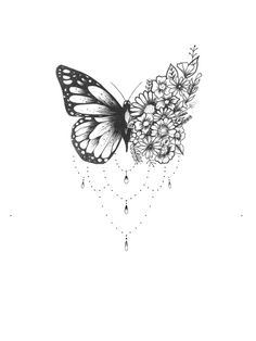 a black and white drawing of a butterfly with flowers