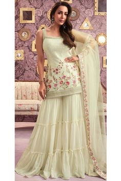 Malaika Arora Off White Embroidered Faux Georgette Sarara Kameez Party Wear Lehenga Choli, Palazzo Suit