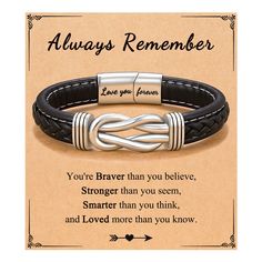 a leather bracelet with an engraved message on the front, and a silver clasp that says always