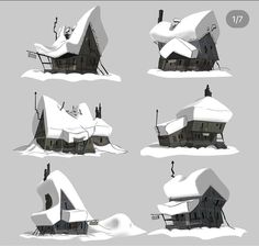 some snow covered houses in different positions