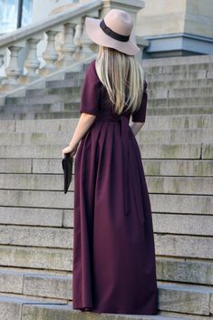 "Long dress in grape shade with pleats. Golden color detail in neckline. Dress with lining, mid sleeves and zipper on the side. ➤ Features > dress lenght: 154 cm / 60,6\" > front bust pleats > mid sleeves > v neckline > pleats at skirt part > waistband ➤ Sizing My Size Guide in FAQ section below will help you define the perfect size match. The item can also be made according to your measurements - just message them to me. ➤ Delivery Your item is made-to-order and will be ready Purple Pleated Maxi Dress, Purple Pleated A-line Dress, Purple Short Sleeve Maxi Dress For Wedding, Purple Pleated Evening Dress, Elegant Purple Pleated Dress, Fitted Purple Pleated Maxi Dress, Purple A-line Midi Dress For Wedding, Purple Pleated Wedding Dress, Elegant A-line Purple Maxi Dress