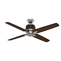 a ceiling fan with three wooden blades