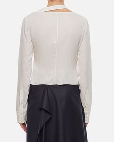 100% Viscose Fitted Silk Shirt For Workwear, Elegant Tops With Asymmetrical Hem For Fall, Elegant Fall Top With Asymmetrical Hem, Designer Silk Tops For Work, Chic Fitted Blouse With Asymmetrical Hem, Fitted Asymmetrical Silk Top, Fitted Silk Asymmetrical Top, Elegant Asymmetrical Blouse For Work, Semi-formal Silk V-neck Top