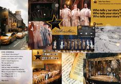 a collage of photos with words and pictures on them, including an advertisement for the broadway musical company