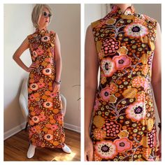 Groovy Vintage 70s Maxi Dress W/ Psychedelic Floral Print Sleeveless Column Shape Side Slit Back Zip Cheongsam Styling W/ Decorative Buttons At Left Shoulder Excellent Condition - Possibly Never Worn Price Firm Measurements Taken Flat Across The Front Bust: 17” (Stretches To 18.5”) Waist: 15.5” (Stretches To 16.5) Hip: 19” (Stretches To 20”) Length: 54.5” Sku 0911 Vintage Maxi Dress 70s, Vintage Dresses 70s, Angel Wing Dress, Cheongsam Vintage, Etsy Vintage Clothes, Vintage Sundress, 70s Maxi Dress, Column Dress, 70s Dress