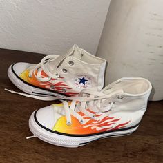 Stylish High-Top Sneakers With Flame Design. Comfortable And Durable. No Box Fire Shoes Sneakers, Converse Design, Converse All Star White, Orange Kids, Sneaker Design, Converse Low Tops, Flame Design, Shoes Converse, Converse White