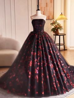 Black Tulle and Red Sequins Long Pom Dress, Beautiful A-Line Strapless Formal Evening DressMaterial:tulleColor:as picture or custom colorNeckline:straplessBack details:lace -upStyle:luxuryDress type:ball gown<p>Features:sequin shiny</p><br/><p>Customized service and Rush order are available.</p><br/><p>This dress could be custom made, there are no extra cost to do custom size and color.</p><br/><p>Please leave your phone number for ship Glamorous Red Ball Gown For Gala, Glamorous Black Evening Dress For Debutante Ball, Floral Sweet 16, Dress Black And Red, Short Sleeve Prom Dresses, Pom Dress, Red Party Dress, Sweet 16 Dress, Pom Pom Dress