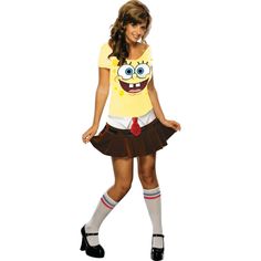 a woman in a spongebob shirt and skirt