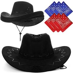 PRICES MAY VARY. Western cowboy set: the package includes 6 pieces of black cowboy hats and 6 pieces bandannas in red and blue colors (3 pieces for each color), which can meet most people's preferences and decorative needs Cool and thoughtful designs: these red and blue bandannas can effectively absorb the sweat to keep you dry and comfortable after activity, and they also can take care of your messy hair to let you look cool; Besides, you can also use it as a decoration, which can match well with your different outfits and your hairstyle Quality material: each western cowboy hat is made of faux suede fabric material, and each bandanna is made of polyester fabric material, both of them are safe, odorless, not easy to break or fade, you can wear them for a long time Size information: the in Western Black Costume Hat For Rodeo, Western Black Costume Hat For Country Events, Western Black Costume Hats And Headpieces For Rodeo, Western Black Costume Hats And Headpieces For Country Events, Western Style Black Costume Hats For Country Events, Christmas Gifts For Teens, Black Cowboy Hat, Cowboy Costume, Western Costumes