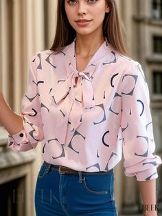 Ebeek - Womens Allover Print Tie-Neck Blouse: Elegant Long Sleeve Top for Spring and Fall Season Blouse Elegant, Tie Neck Blouse, Printed Ties, Tie Neck, Sleeve Detail, Sheer Fabrics, Spring And Fall, Fall Season, Long Sleeve Top