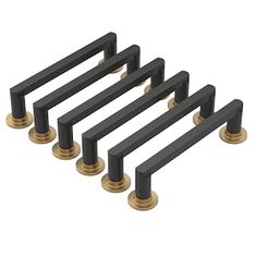 four black and gold handles for the kitchen cabinet door, set of five with brass knobs