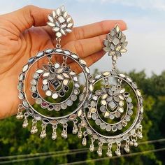 Fancy Oxidized Silver Afghani Tribal Small Mirror Earrings for | Etsy Mirror Earrings, Layered Earrings, Diamonds Rings, Small Mirror, Chandbali Earrings, Earrings For Girls, Accessories Silver, Necklace Accessories, Indian Earrings