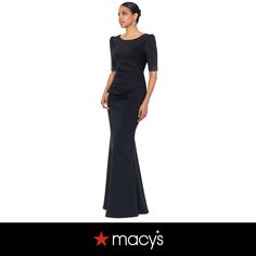 in stock Elegant Stretch Evening Dress For Holidays, Elegant Stretch Holiday Evening Dress, Elegant Holiday Evening Dress With Stretch, Stretch Evening Dress For Formal Holiday Events, Stretch Evening Dress For Holiday Formal Events, Stretch Holiday Evening Dress For Formal Occasions, Flowing Skirt, Boat Neckline, Elbow Length Sleeve