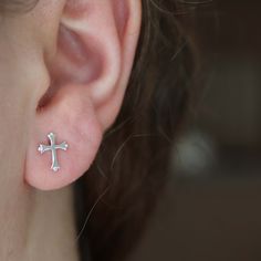 These minimalist dainty cross  earrings can be worn with any occasion. They are made of Sterling Silver. ~ Details ~ Backings: butterfly  Front: 10mm Solid Silver Cross Shape. Minimalist Cross Earrings For Gift, Minimalist Hypoallergenic Cross Earrings, Cross Shape, Cartilage Earrings Stud, Cross Earrings Studs, Minimalist Earrings Studs, Geometric Studs, Tiny Stud Earrings, Cross Earrings