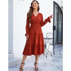 Design Feature: The 2024 smocked waist maxi dress makes you look more noticeable. The graceful casual flowy ruffle dress for women design with pull on closure, wrap v-neck, smocking elastic high waist, long lantern sleeves, tiered swing dress, a line pleated flowy hem. A-line and high waist design is easy to show your sexy curve, and the flare tiered swing skirt making you comfortable all the day, can perfectly express your personality and chic. Also can be wear as a maternity dress. Elegant Solid Orange Dress, Brown V-neck Solid Color Dress, Elegant Orange Solid Color Dress, Brown V-neck Solid Dress, Brown V-neck Dress, Spring Orange Midi Dress, Brown Solid Color Maxi Dress For Fall, Brown Solid Color Midi Dress For Fall, Orange Long Sleeve Fall Dress